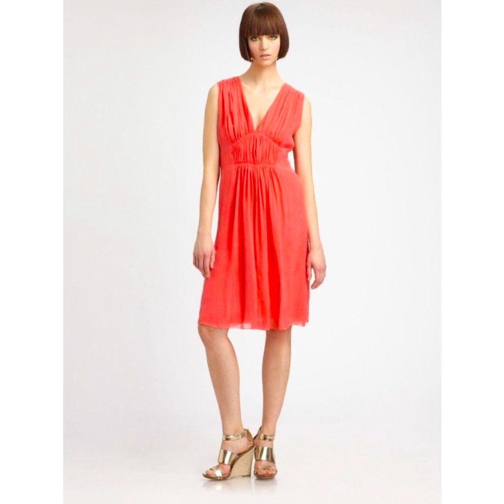 L’AGENCE 100% Silk Red Coral Shirred Goddess Dress - Picture 2 of 11
